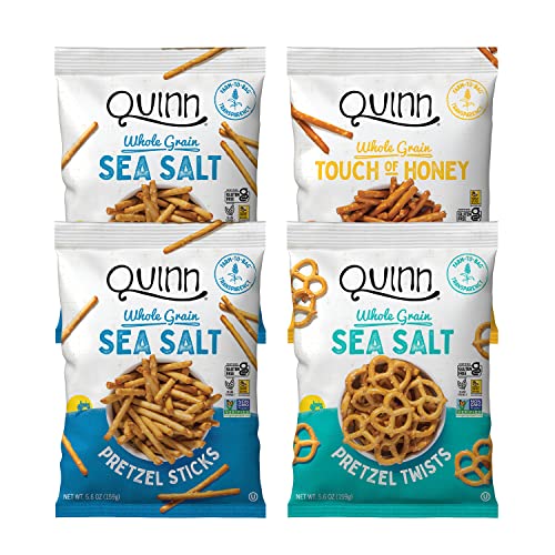 Quinn Gluten Free Pretzel Variety Pack, Sea Salt Pretzel Stick (2 Bags), Sea Salt Pretzel Twist (1 Bag), Touch of Honey Pretzel Stick (1 Bag), Whole Grain, Corn, Soy & Dairy Free, Non-GMO, 5.6 oz  4 Bags