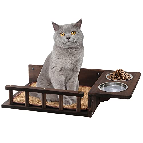 Austy Wooden Cat Feeding Shelf - Wall Mounted Cat Shelf with 2 Elevated Cat Bowls, Premium Cat Wall Furniture for Indoor Cats - Modern Cat Shelves for Eating, Playing, Sleeping & Lounging, Brown