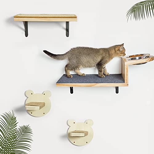 LitaiL Cat Wall Shelves with 2 Raised Bowls, Cat Feeding Shelf Wall Mounted, Cat Shelves and Perches, Cat Wall Furniture for Climbing Sleeping Playing, Cat Steps Shelf Set