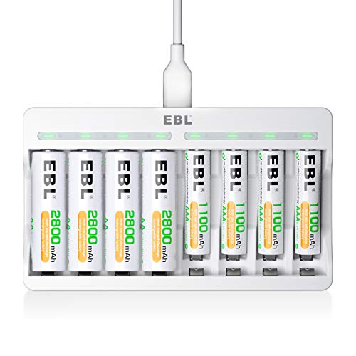 EBL Rechargeable AA Batteries 2800mAh (4 Pack) and AAA Ni-MH Rechargeable Batteries 1100mAh (4 Pack) with 8-Bay AA AAA Individual Battery Charger