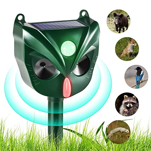 Ultrasonic Animal Repeller, Solar Waterproof Animal Deterrent with Motion Sensor and LED Flashing Light for Outdoor Yard Garden Farm Deter Cat, Squirrel, Bird, Dog, Raccoon, Coyote, Skunk