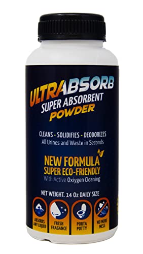 ULTRABSORB Super Absorbent Powder: Multi-Purpose Liquid Spill Solidifies & Deodorizer - Urine, Vomit, Absorb - Odor Remover + Oxy Cleaning Portable Toilet Porta Potty 100% Eco Bio Gel Size 14Oz