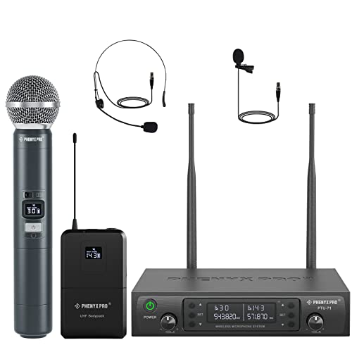 Phenyx Pro Wireless Microphone System, Dual Wireless Mic Set with Handheld Microphone/Bodypack/Headset/Lapel Mics, 2x100 UHF Channels, 328ft Range, Cordless Mic for Singing, Karaoke, Church (PTU-71B)