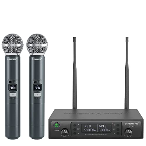 Phenyx Pro Wireless Microphone System, Dual Wireless Mics, w/ 2 Handheld Dynamic Microphones, 2x100 Adjustable UHF Channels, Auto Scan, 328ft Range, Microphone for Singing, Karaoke, Church (PTU-71A)