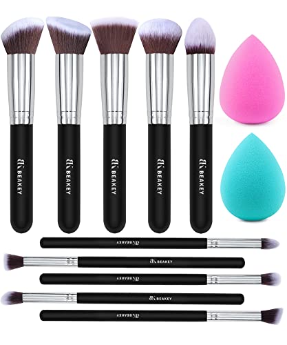 BEAKEY Diversity Makeup Brushes 12Pcs Makeup Kit, Premium Synthetic Kabuki Foundation Face Powder Concealers Eyeshadow Blush Brushes Makeup Brush Set, with 2pcs Blender Sponges (Black/Silver)