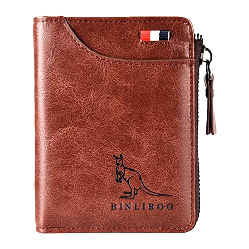 Leather Wallet for Men with Zipper, RFID Blocking Bifold Wallets with Card Holder & Money Clip Cartera Para Hombre(Brown)