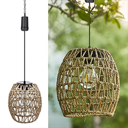 6 Hours Timer Battery Operated Outdoor Hanging Light Seagrass Woven Waterproof Porch Gazebo Patio Pendant Lantern Chandelier Lighting Decorative Hollow-Out Auto On/Off Warm White Bulb