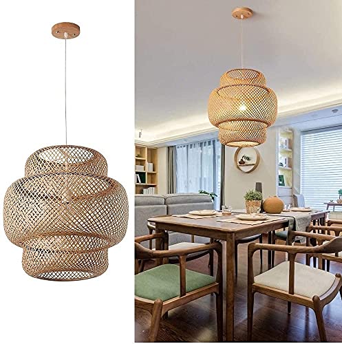 Hand-Woven Bamboo Pendant Light Battery Operated LightRattan Handwoven Battery Powered Pendant LampNatural Chandeliers Woven Light1 Light Hanging Light for Kitchen Farmhouse (Color : Natural)