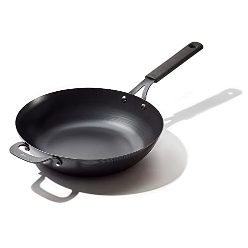 OXO Obsidian Pre-Seasoned Carbon Steel, 12" Wok Pan with Removable Silicone Handle Holder, Induction, Oven Safe, Black