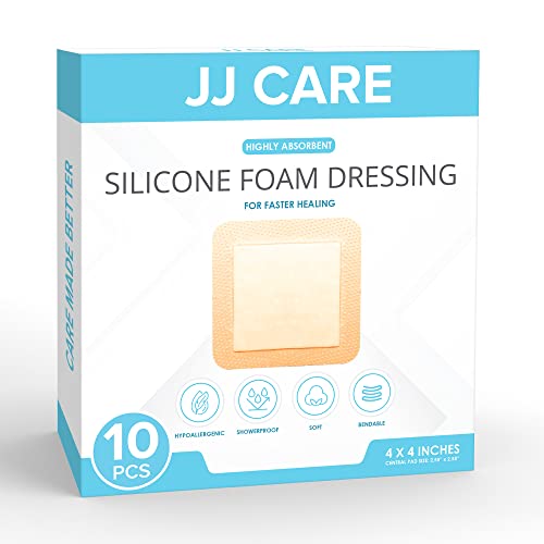 JJ CARE Silicone Foam Dressing [Pack of 10], 4x4 Foam Wound Dressing with Silicone Adhesive Border, Showerproof and Absorbent Medical Bandages