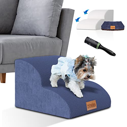 ZNM Dog Stairs, Non-Slip Dog Steps for High Beds and Couch, 2 Tiers Foam Pet Ramp/Ladder with Washable Cover for Small Dogs and Cats Up to 50 lbs, Send 1 Lint Roller, Blue