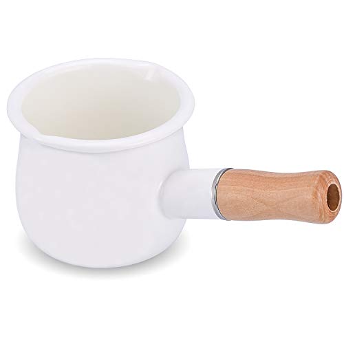 YumCute Home Enamel Milk Pan, Mini Butter Warmer 4 Inch 550ml Enamelware Saucepan Milk Warmer Small Cookware with Wooden Handle, Perfect Size for Heating Smaller Liquid Portions. (White)