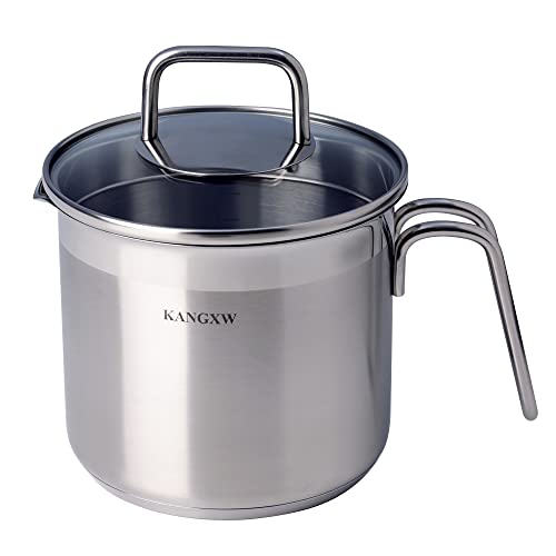 KANGXW Stainless Steel Milk Pot, 1.5 Quart Saucepan, With Pour Spout and Filter Glass Lid Induction Milk Pots, Sauce, Gravy, Pasta Stock Pot (1.5qt)