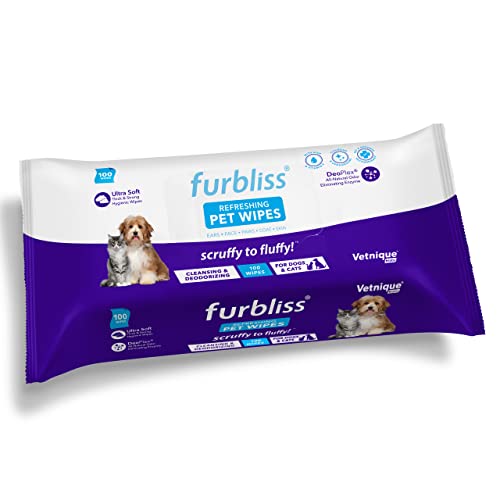 Vetnique Labs Furbliss Hygienic Pet Wipes for Dogs & Cats, Cleansing Grooming & Deodorizing Hypoallergenic Thick Wipes with All Natural Deoplex Deodorizer (Refreshing Scent, 100ct Pouch)