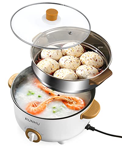 RUNHU Electric Hot Pot with Steamer, 4L Non-Stick Electric Frying Pan with Multi-Power Control, 3.1" Depth Multifunctional Cooker with Overheating Protection for Shabu Shabu, Noodles, Saut (White)