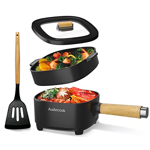 Audecook Electric Hot Pot with Steamer 2L, Cermic Glaze Non-Stick Frying Pan 8 Inch, Portable Travel Cooker for Ramen/Steak/Fried Rice/Oatmeal/Soup, with Dual Power Control (Silicone Spatula Included)