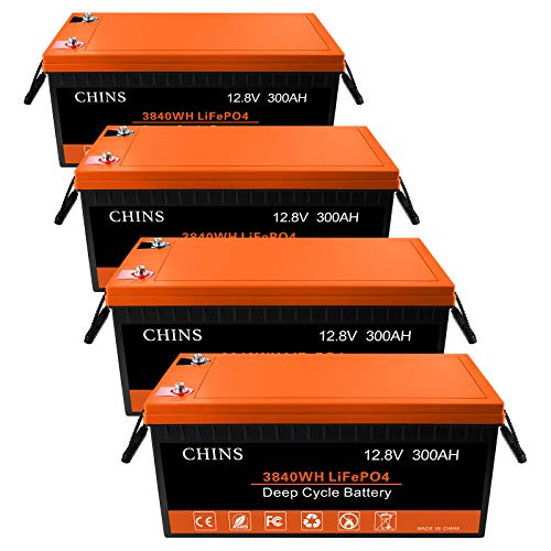 CHINS 4 Pack LiFePO4 Battery 12V 300Ah Lithium Battery - Built-in 200A BMS, Perfect for Replacing Most of Backup Power, Home Energy Storage and Off-Grid etc.