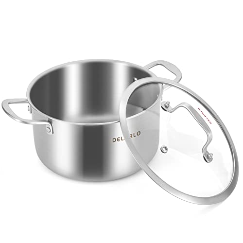 DELARLO Tri-ply Stainless Steel StockPot 5QT, Induction Cooking Pot 18/8 Stockpots Food Grade, Durable Soup Pot Stew Simmering Pot with Glass Lid Suitable for All stoves, Dishwasher-Safe