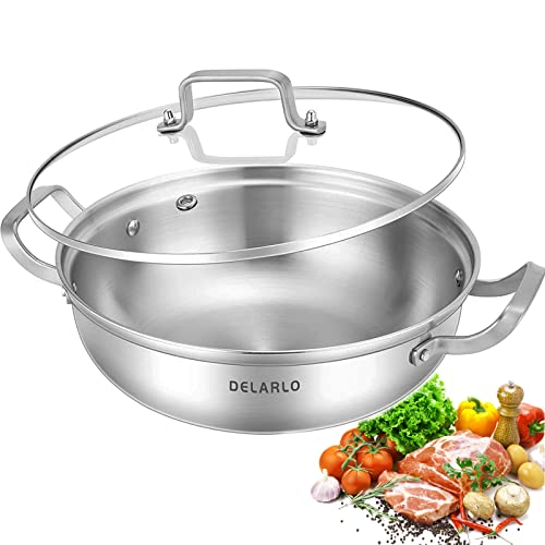 Delarlo Tri-Ply Stainless Steel 11 inch Cookware Everyday Pan with Glass Lid,kitchen everything pan, Chef's Pans,Induction Cooking Pot, Stock Pot