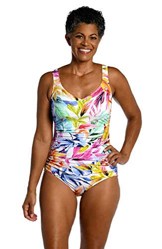 Maxine Of Hollywood Women's Standard Side Shirred Girl Leg One Piece Swimsuit, Multi//Conga Vines, 16