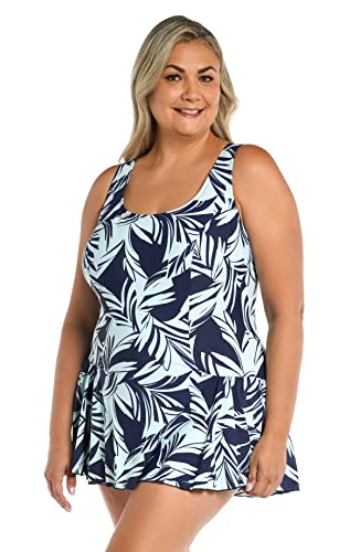 Maxine Of Hollywood Women's Seam Front Swim Dress One Piece Swimsuit, Indigo//Coastal Palm, 20W