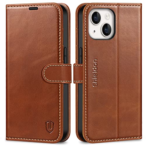 SHIELDON Case for iPhone 14 5G 6.1", Genuine Leather iPhone 14 Wallet Folio Case RFID Blocking Card Holder Kickstand Shockproof Protection Case Compatible with iPhone 14 2022 - Retro Brown