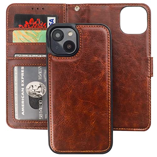 Bocasal Detachable Wallet Case for iPhone 14 RFID Blocking Card Slots Holder Premium PU Leather Magnetic Kickstand Shockproof Wrist Strap Removable Flip Protective Cover 5G 6.1 inch (Brown)