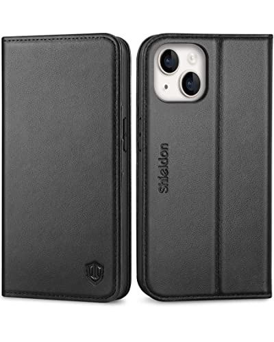 SHIELDON Case for iPhone 14 6.1" 5G, Genuine Leather iPhone 14 Wallet Folio Case [Magnetic Closure] [RFID Blocking Card Slots] [Kickstand] Full Protection Case Compatible with iPhone 14 2022 - Black