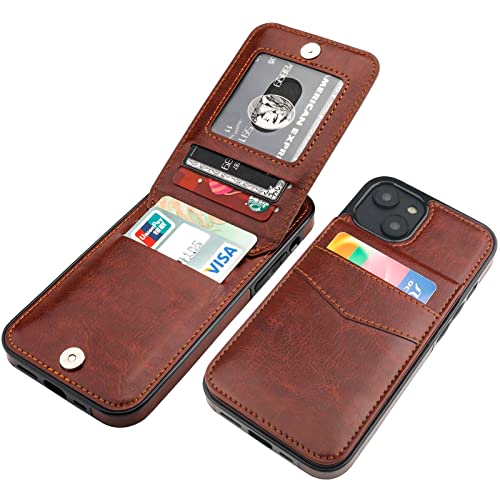 KIHUWEY Compatible with iPhone 14 Case Wallet with Credit Card Holder, Flip Premium Leather Magnetic Clasp Kickstand Heavy Duty Protective Cover for iPhone 14 6.1 Inch (Brown)