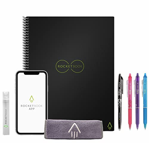 Rocketbook Smart Reusable Lined Eco-Friendly Notebook with 4 colored Pilot Frixion Pens, 1 Microfiber Cloth, & 1 Spay Bottle - Infinity Black Cover, Letter Size (8.5in x 11in)