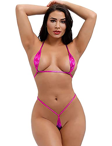 EVAbaby Women 2Pcs Halter Neck Bra Tops and Adjustable Thong Micro Bikini Set Sexy Swimwear Summer Beachwear Swimsuit Extreme Lingerie Underwear Rosy