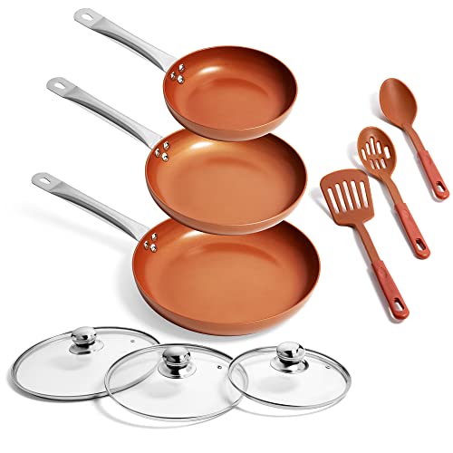 Razab Copper Frying Pan Set with Lids, 8", 9.5" & 11" Frying Pan Set, Nonstick Frying Pan Set, Copper Pans with Lid, Nonstick Skillets w/Lids 8", 9.5" & 11" Copper Pan Set