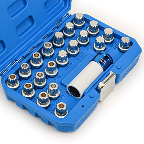 JAMTON 21pcs Anti-Theft Wheel Lock Lug Nut Remover Tool Kit Compatible with BMW/for Mini Series, Automotive Wheel Nuts Screw Removal Key Socket Set with 1/2" Square Drive Adapter