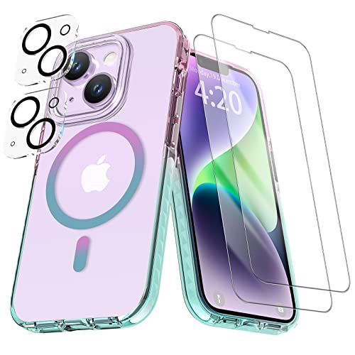 KINGXBAR 5-in-1 for iPhone 14 Plus Case Clear Compatible with MagSafe, 2X Screen Protector + 2X Camera Lens Protector Magnetic Military-Grade Shockproof Slim Phone Cases for iPhone 14 Plus Iridescent