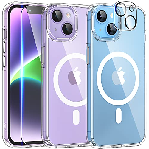 TAURI [5 in 1 Magnetic Case for iPhone 14 Plus [Military Grade Drop Protection] with 2X Screen Protector +2X Camera Lens Protector, Transparent Slim Fit Compatible with Magsafe Case-Clear