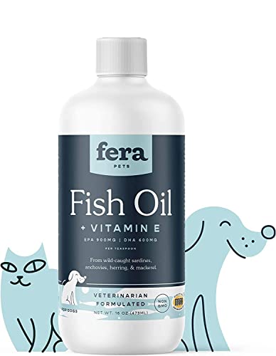 FERA PET ORGANICS Fish Oil for Dog and Cat with DHA, EPA, Vitamin E and Omega-3 Fatty Acids Liquid Fish Oil Supplement -Brain Function & Immune Health 16 oz
