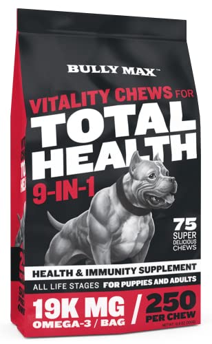 Dog Vitamins Total Health Dog Chews by Bully Max | Puppy and Adult Dog Omega 3 Supplement | Health and Immunity Vitality Chews | Performance Series Muscle Builder for All Breeds | 75 Chews per Bag