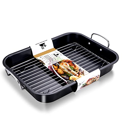 HONGBAKE Small Roasting Pan with Flat Rack, Nonstick Chicken Roaster Tray, Mini Oven Pans for Cooking Lasagna with Stainless Steel Handles, 14 X 11Inch