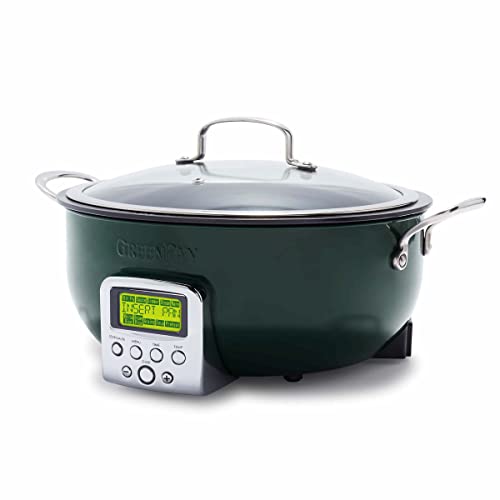 GreenPan Elite Essential Smart Electric 6QT Skillet Pot, Presets to Sear Saute Stir-Fry and Cook Rice, Healthy Ceramic Nonstick and Dishwasher Safe Parts, Easy-to-use LED Display, Ponderosa Pine