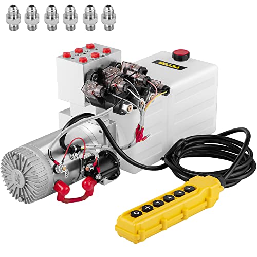 Mophorn Hydraulic Power Unit 6 Quart 6 Way Hydraulic Pump Double Acting Hydraulic Power Unit 12V DC Dump Trailer Car Remote with Plastic Oil Reservoir (Plastic, Double Acting)