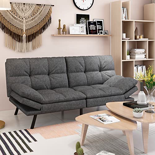 wOod-it Futon Sofa Bed, Memory Foam Foldable Couch Convertible Loveseat Sleeper Daybed with Adjustable Armrests for Small Space, Studio, Office, Apartment, Compact Living Room, Dark Gray