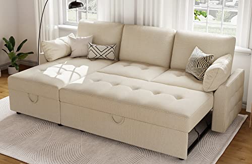 PaPaJet Pull Out Sofa Bed, Modern Tufted Convertible Sleeper Sofa, L Shaped Sofa Couch with Storage Chaise, Chenille Sectional Couch Bed for Living Room (Beige)