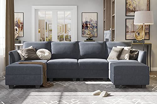HONBAY Modern U-Shape Sectional Sofa Sleeper Couch with Reversible Chaise Modular Sofa with Ottomans, Bluish Grey