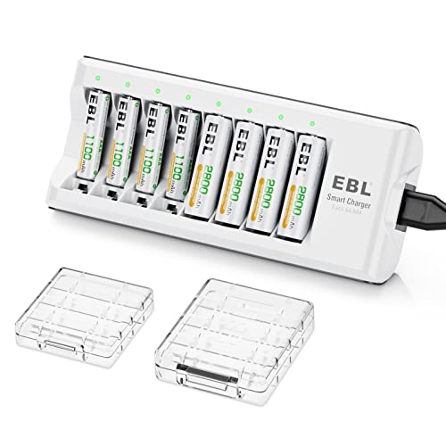 EBL Rechargeable Batteries with Charger, 1.2V NiMH AA Batteries 2800mAh 4Counts & AAA Batteries 1100mAh 4Counts with 8-Bay Smart Battery Charger (Upgraded 808 Charger)