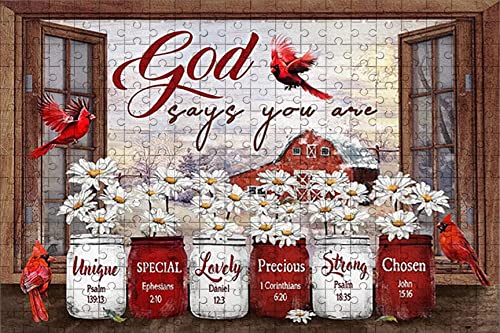 Window Frame with Cardinals Daisy Flowers in Mason Jars God Says You are Unique Special Lovely Precious Strong Chosen-1000 Piece Jigsaw Puzzle