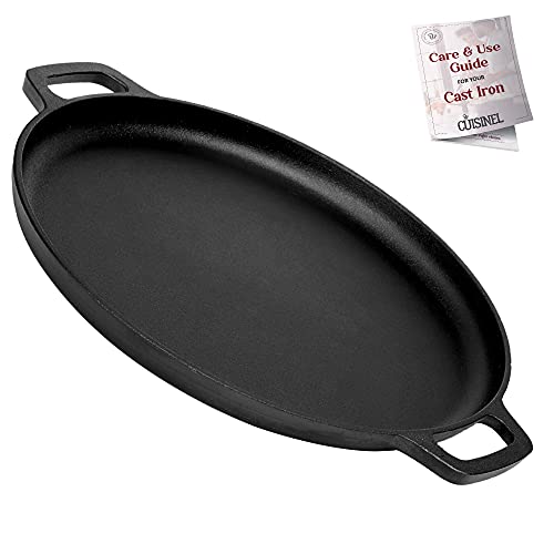 Cast Iron Pizza Pan/Round Griddle - 13.5"-Inch Flat Skillet - Great for Crepes and Frozen Pizza - Pre-Seasoned Comal for Tortillas - Dosa Tawa Roti - Baking, Stove, Oven, Grill, BBQ, Campfire Safe