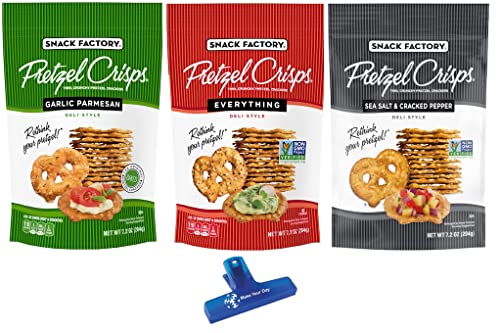 Snack Factory Pretzel Crisps, Garlic Parmesan, Everything, and Sea Salt & Cracked Pepper, 7.2 Ounce (Pack of 3) - with Make Your Day Bag Clip