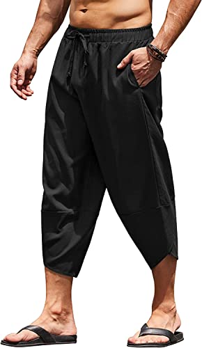 COOFANDY Men's Linen Harem Capri Pants Lightweight Loose 3/4 Shorts Drawstring Elastic Waist Casual Beach Yoga Trousers Black