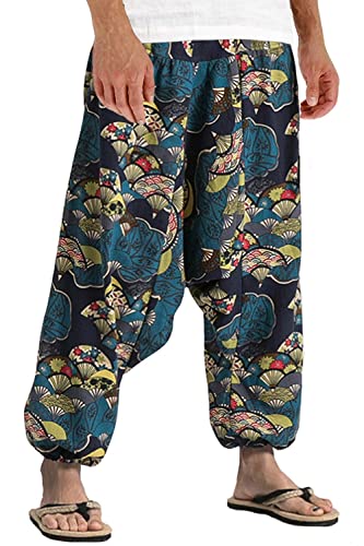 CLANMILUMS Mens Cotton Linen Harem Pants Elastic Waist Baggy Hippie Yoga Pants (X-Large, Blue1)