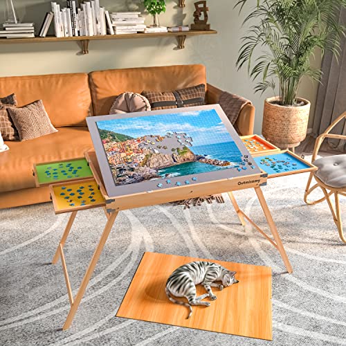 QUTMISAMY Puzzle Table with Legs and Cover - Wooden Jigsaw Puzzle Tables for Adults 1500 Pieces - 36x27 Portable Puzzle Board with Drawers - Colorful Puzzle Storage Trays for Sorting
